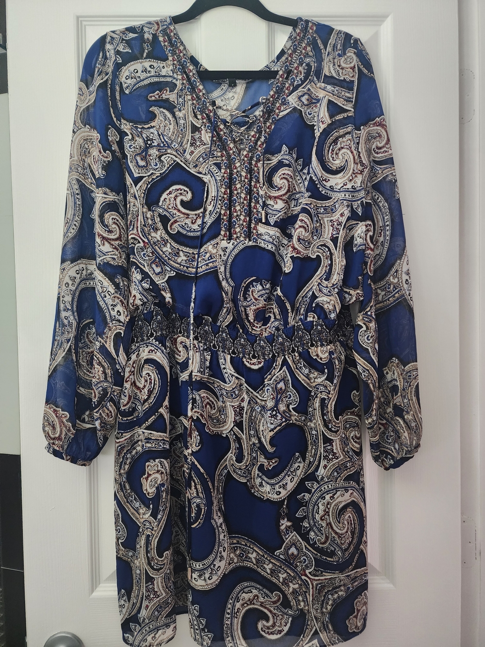 White House Black Market Blue Paisley Tie-Neck Tunic